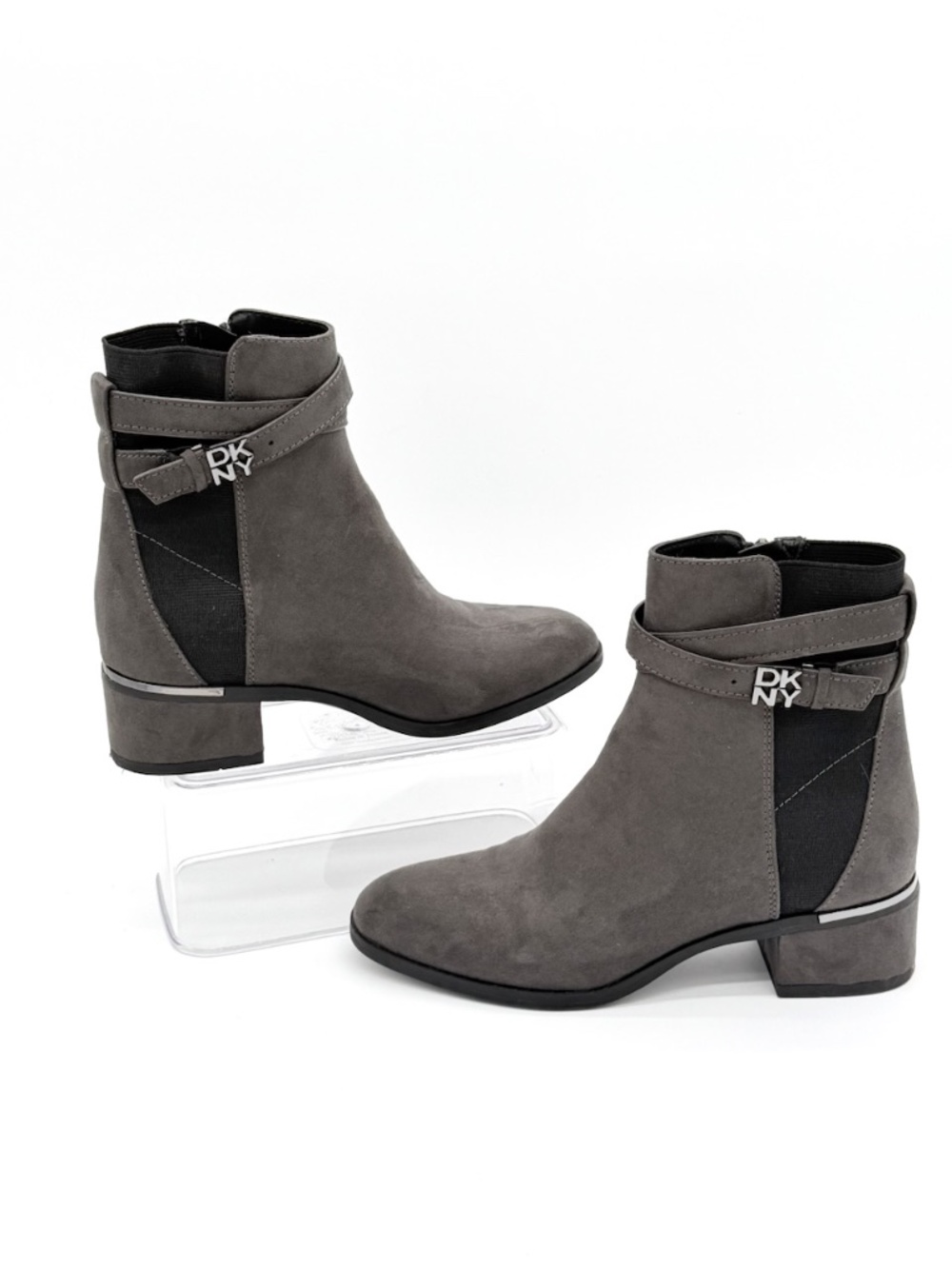 DKNY Gray Suede Logo Strap Buckle Ankle Booties Block Heel Shoes Sz 6.5M K440115
